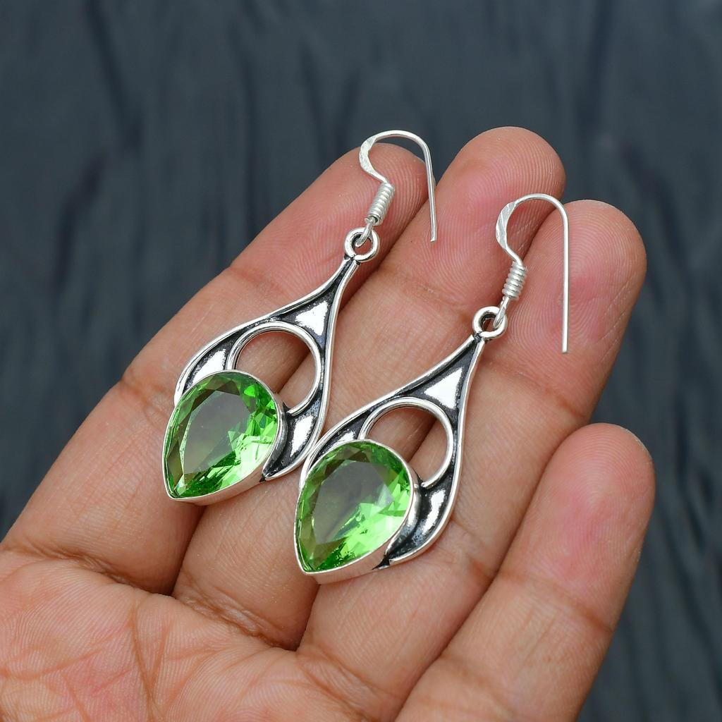 Green Amethyst Gemstone Handmade 925 Sterling Silver Jewelry Earring