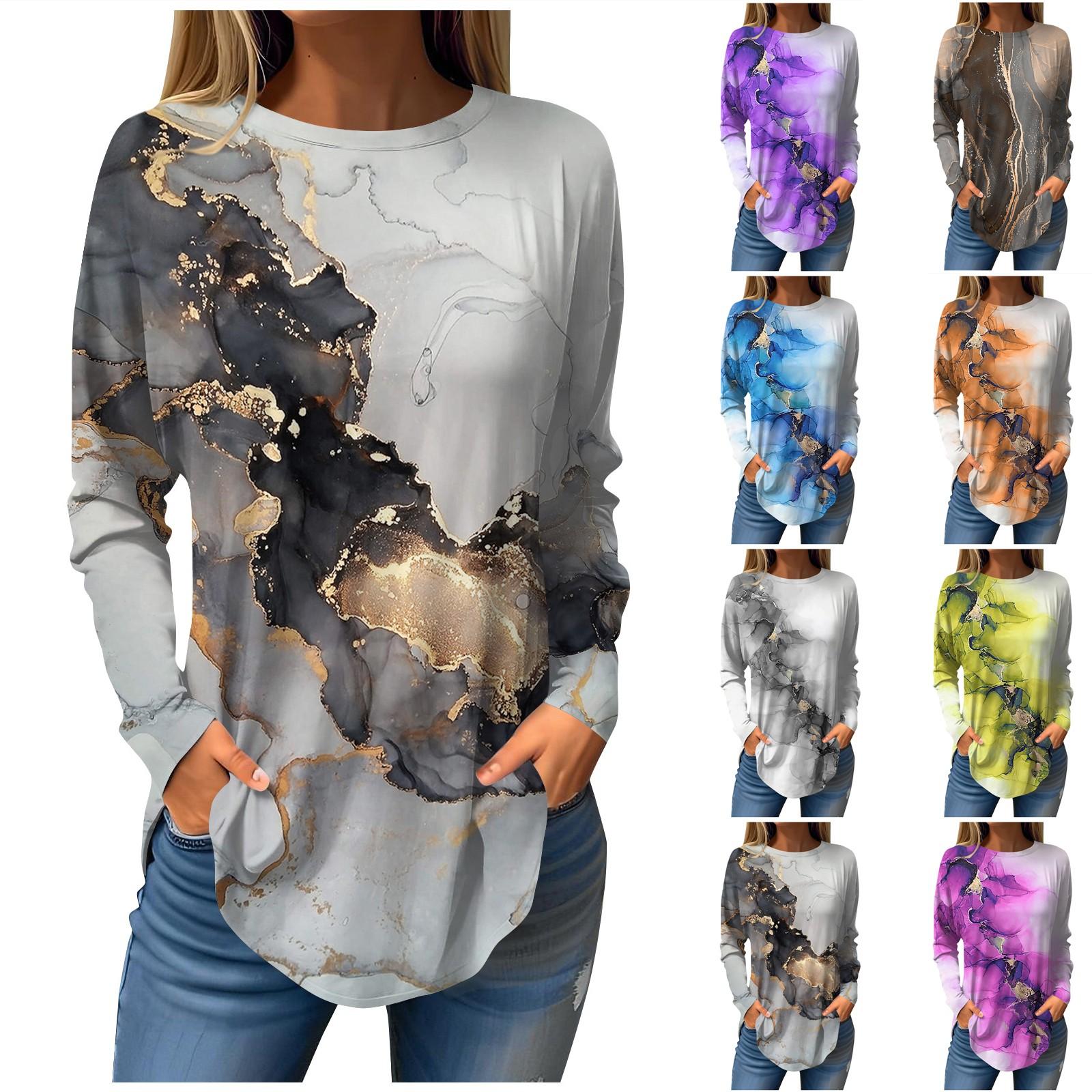 

Женская свободная футболка с длинным рукавом и круглым вырезом с текстурированным принтом, верхний пуловер