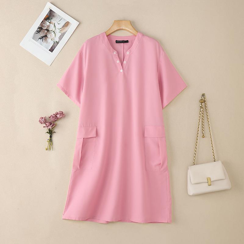 ZANZEA Women Turn Down Collar Summer Short Sleeve Casual Dress