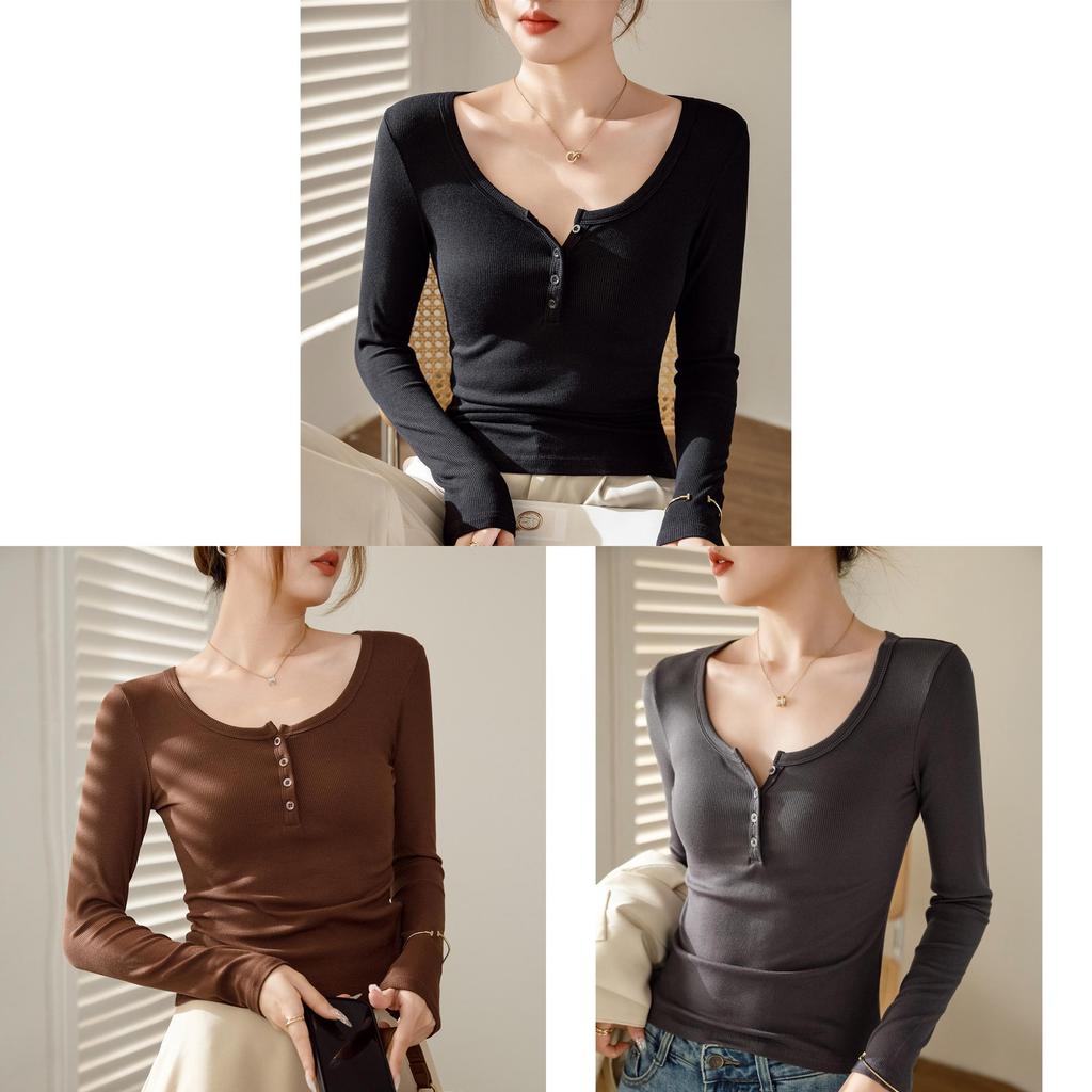 T Shirt Women Long Sleeve Slim Fit Pure Cotton Ribbed Fabric For Autumn Winter Style