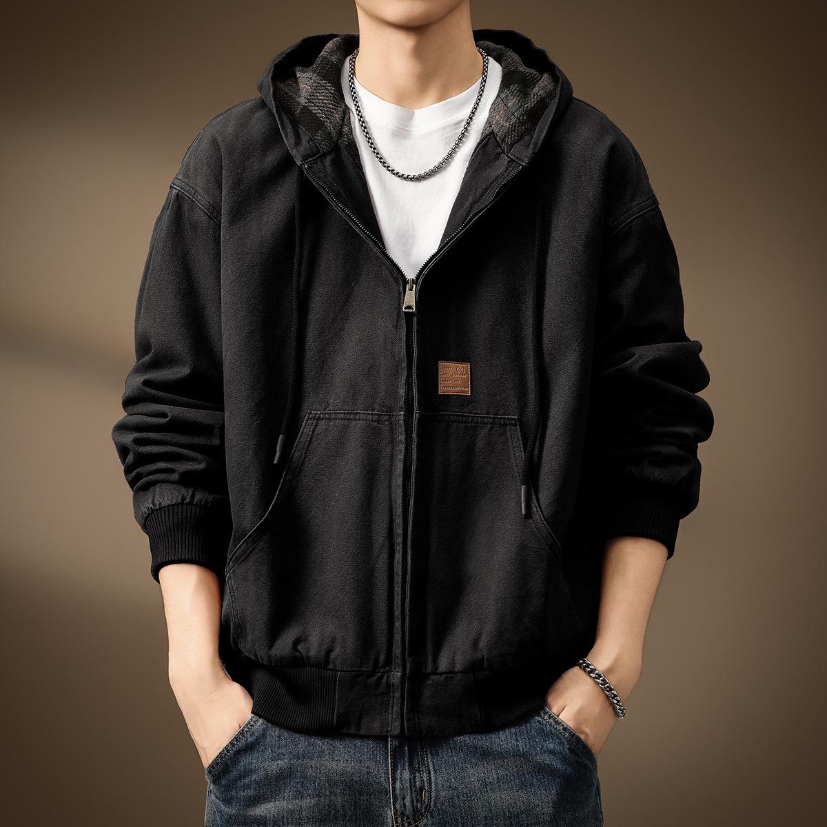 Herren Hochwertige Retro Karomuster Gefütterte Kapuzen Arbeitsjacke - Herbst Übergröße Lockerer Schnitt S (90-110 jin) schwarz