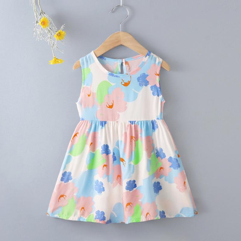 Girls' Floral Summer Princess Beach Dress, Cotton Silk Tank, A-line Skirt