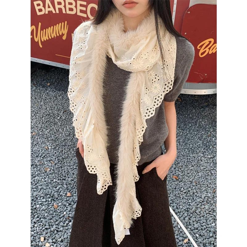 Sweet Korean Style Y2K Scarf Women Winter Soft Warm Scarf Harajuku Lace Patchwork Plush Scarf