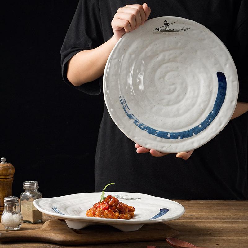 Creative Western Food Plate Japanese Hand-Painted Shallow Plate Household Ceramic Tableware Restaurant Hotel Steak Plate Plate
