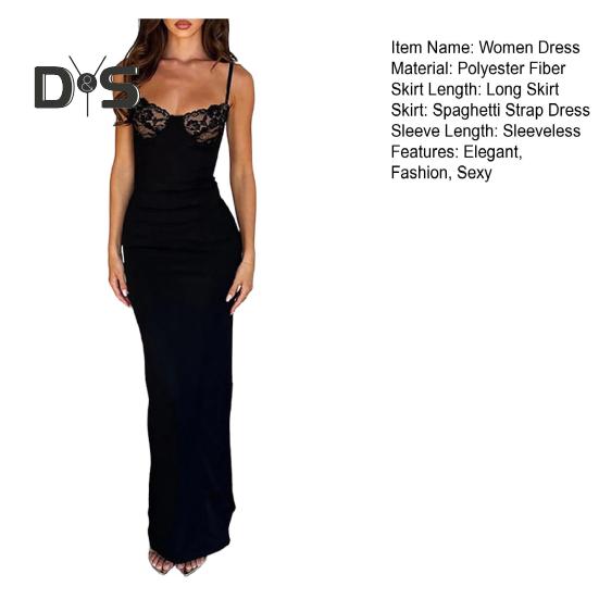Women's Cami Lace Bodycon Maxi Dress Spaghetti Strap Sleeveless Split Long Dress Sexy Low Cut Evening Dress for Cocktail Party Nightclubs
