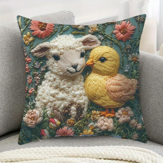 Easter Bunny Pillowcase Imitation Embroidery Lamb And Chick Print Pillowcase Farmhouse Throw Pillow Cover for Parties Living Room Couch Sofa Decor