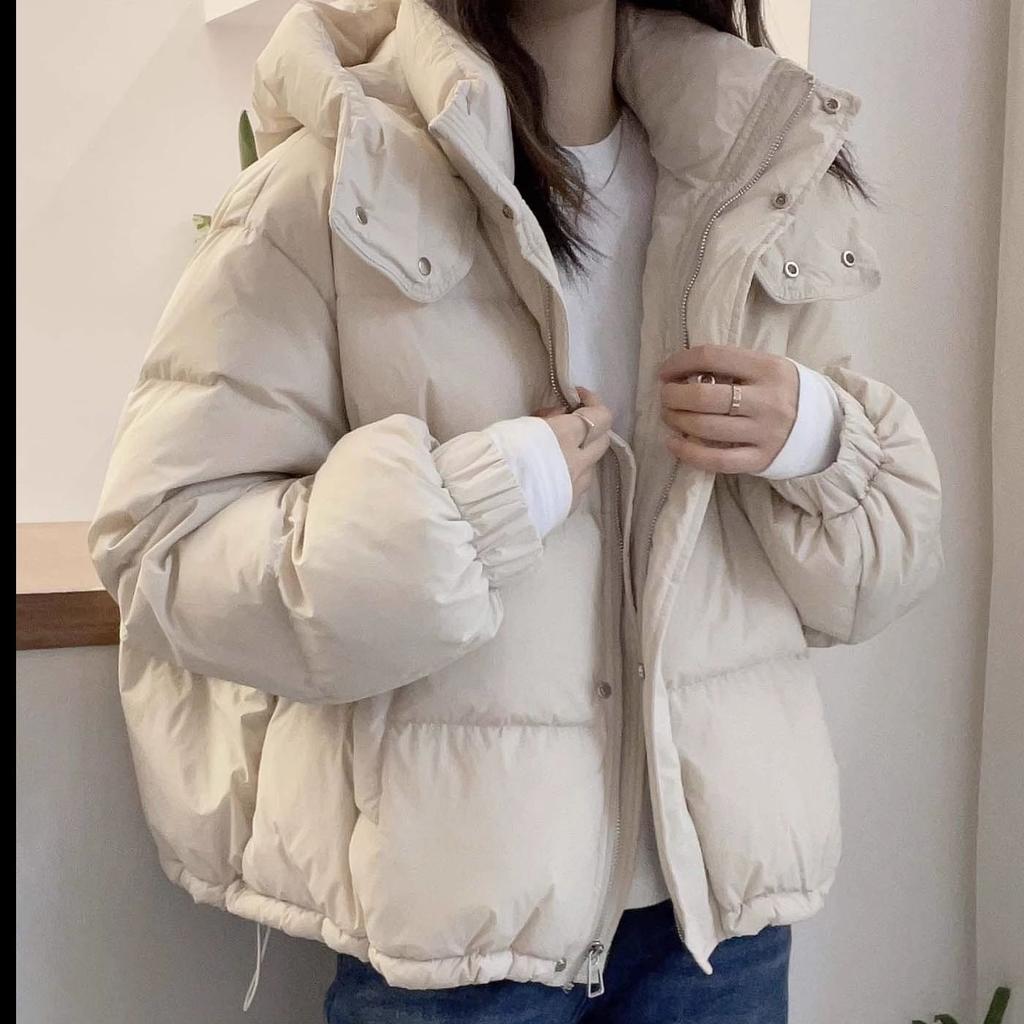 Women's Hooded Puffer Jacket Zipper Front Drawstring Hem Quilted Short Cotton Coat Solid Color Warm Winter Outerwear