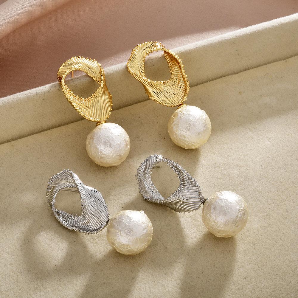 2026 Vintage French Ribbon Stripe Pearl Earrings - Elegant Gold Plated Textured Cotton Pearl Drop Earrings for Women High-End Jewelry
