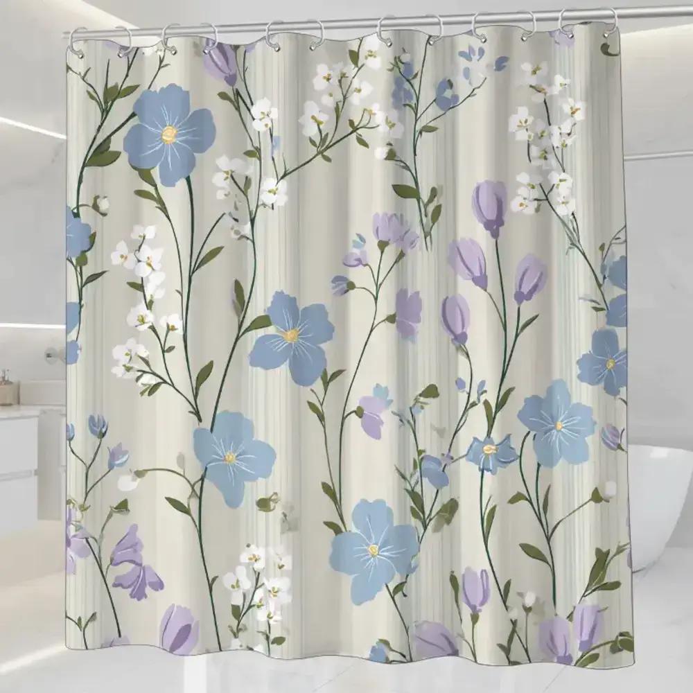 

Blue-Purple Floral Patterned Shower Curtain, Polyester Fabric, Machine Washable, With Hooks, Suitable For Bathroom Dcor. W60H190(CM)-1 Pcs