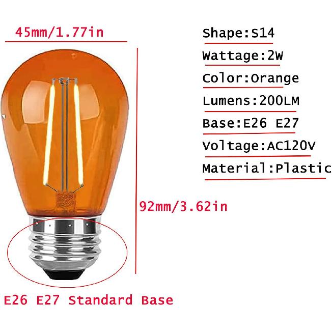 15 Pack Orange LED Bulb S14 Replacement LED Light Bulbs 2W Plastic Shatterproof LED Night Bulb E26 Base Orange String Lights Waterproof Vintage Bulb