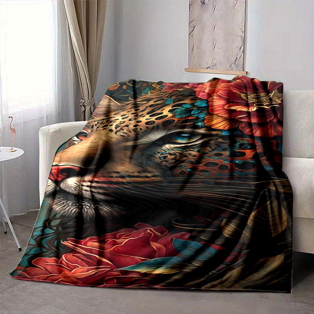 1pc Leopard Floral Print Blanket Lightweight Blanket Throw Blanket For Sofa, Bed, Travel, Camping, Livingroom, Office, Couch, Chair Yy251010065