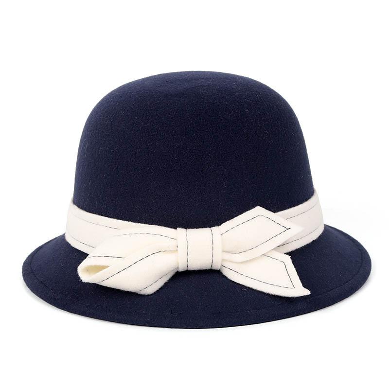 Bowler hat ladies autumn and winter fashion woolen bucket hat elegant celebrity top hat bow basin hat tide
