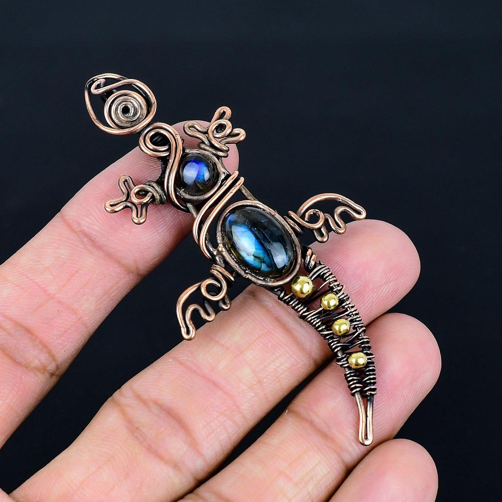 Labradorite Pendant, Handmade Gemstone 999 Copper Wire Wrapped Pendant Antique Jewelry, For Gift Silver Jewelry