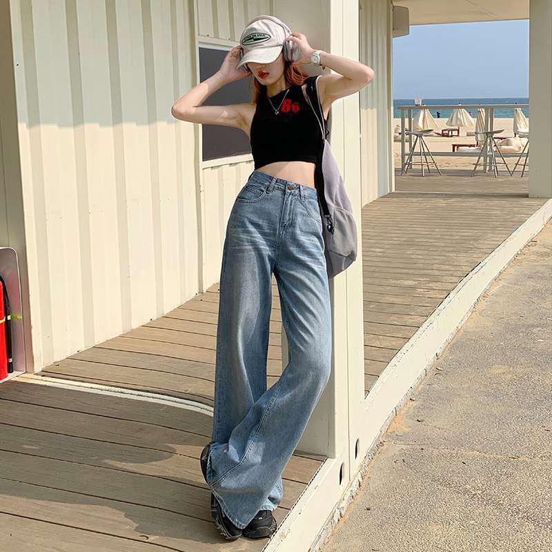 High-Waisted Wide-Leg Drapey Jeans for Early Spring - Women s Extended Length Pants XL