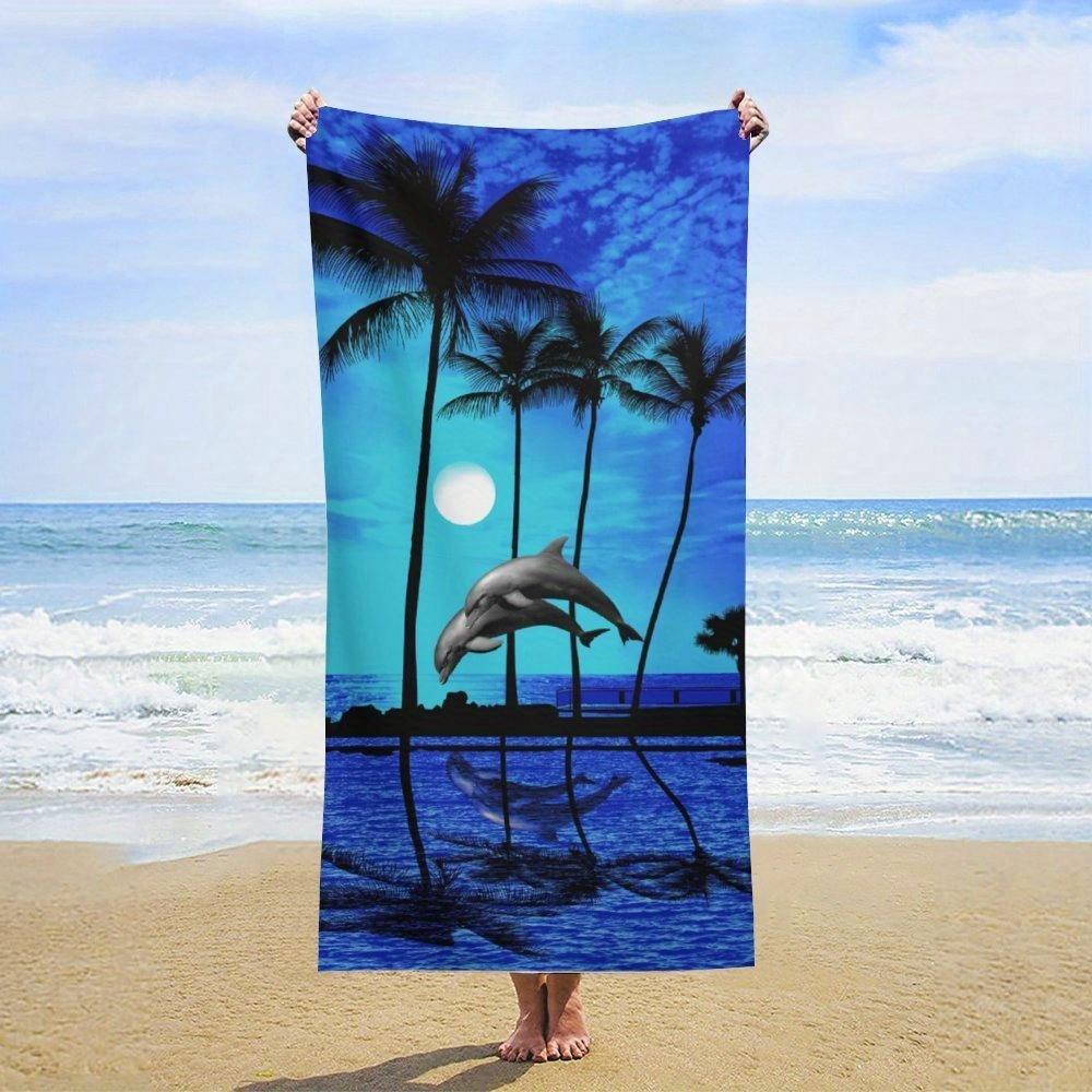 

Ocean Dolphin and Palm Tree Beach Towel, Tropical Island Art Quick-Dry Sand-Free Microfiber Bath Towel for Pool, Campingand Home W40*H60(CM)