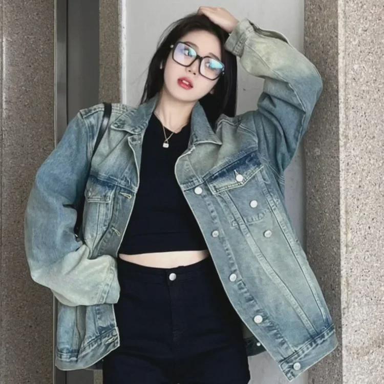 Damska kurtka dżinsowa oversize w stylu amerykańskim retro, sprana - styl BF, niszowy top roboczy na wiosnę i jesień