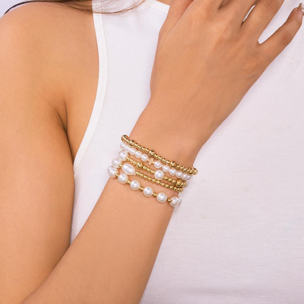 Imitation pearl bracelet women's temperament high-end pearl cross pendant beaded combination stacked bracelet