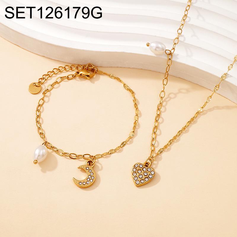 Gold-Plated Zircon Heart Necklace & Bracelet Set with Pearl Moon Pendant – Versatile, High-End Women's Accessories