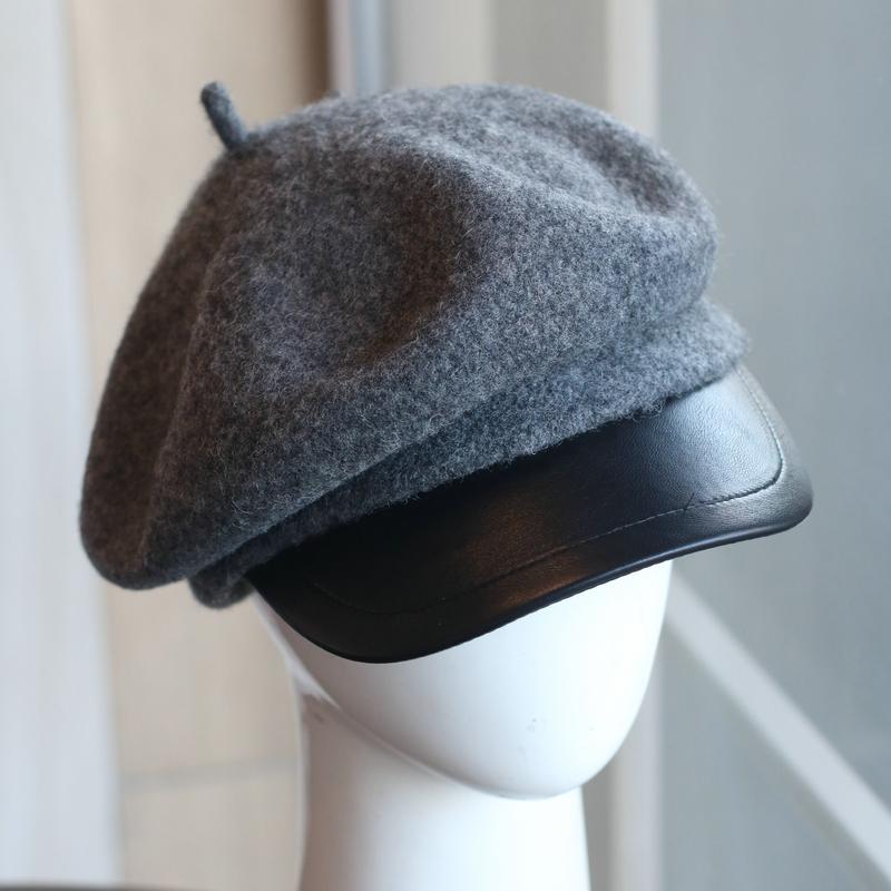 

Autumn and winter golden top hat retro wool beret casual leather brim versatile British forward hat newsboy hat Adult Adjustable темно-сірий