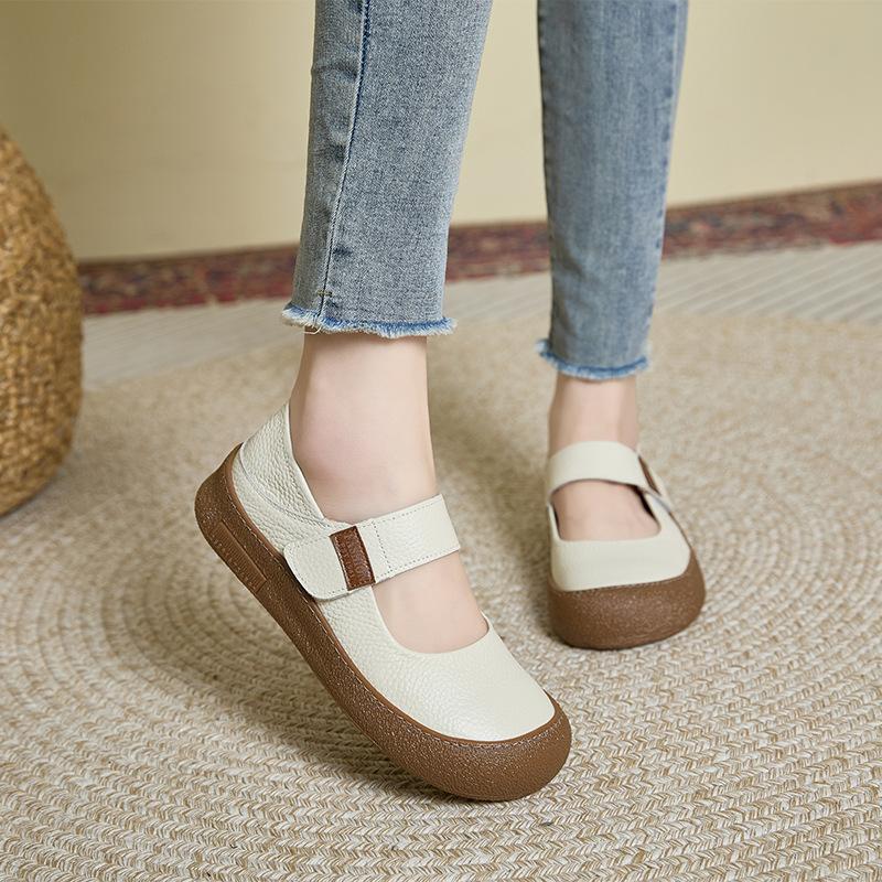 First layer cowhide retro Mary Jane shoes women's shoes 2025 Korean version Velcro flat casual shoes genuine leather mother shoes