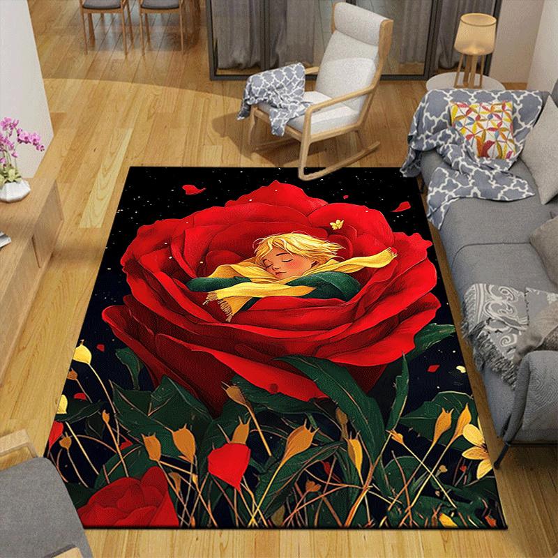 1pc Rose and Prince Pattern Area Rug, Anti slip Non Shedding Stain Resistant Carpet