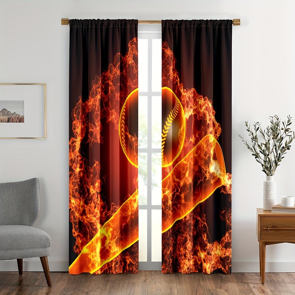 2 Panels Sports Curtains Rod Pocket Abstract Flame Basketball Theme Wall Decor Teens Bedroom Men Cool 3D Ball Art Printed Drapes