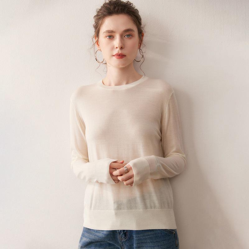 Women's Pure Wool Hollow Knit Sweater - Round Neck Pullover