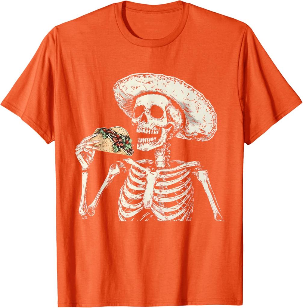 Skeleton Eating Taco Sombrero Graphic Tee Mexican Dia De Muertos Lover Casual Cotton T-Shirt