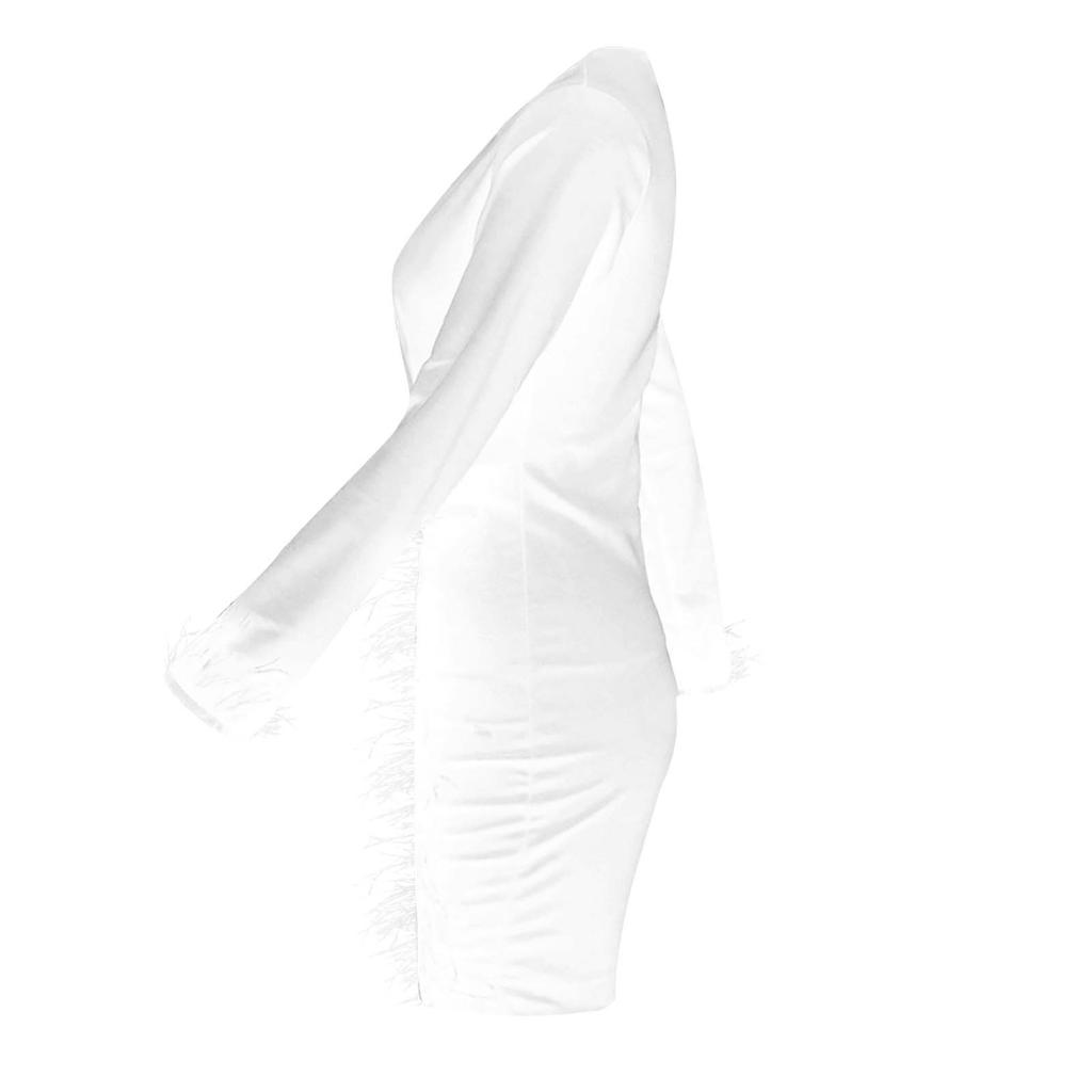 Women V-Neck Long Sleeve Solid Color Sexy Mesh Feather Casual Dress