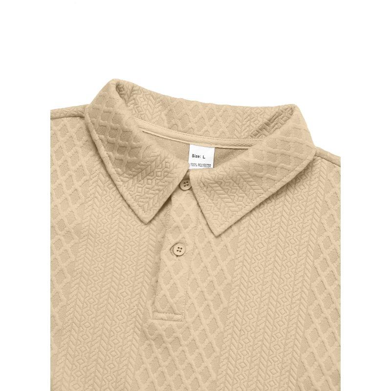 Men's New Solid Color Textured Jacquard Polo Sweatshirt, Lapel Long Sleeve Loose Fit Button Casual Pullover, European American Style
