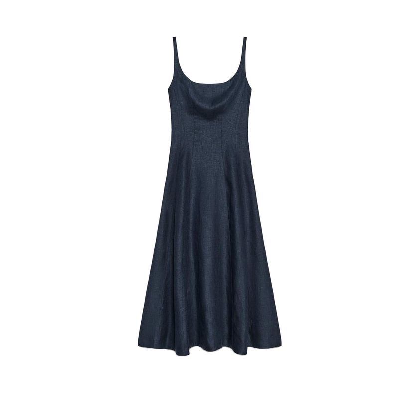 Autumn New Women Clothes Sling Contrast Color Trim Linen Blend Midi Dress 8214393 8214386