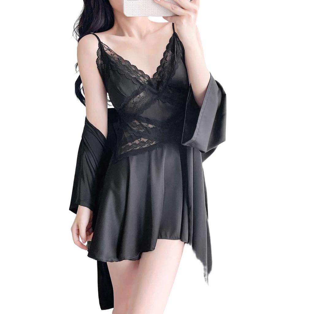 Hollow French lace suspender nightdress two-piece set ice silk silk loungewear outer morning robe support