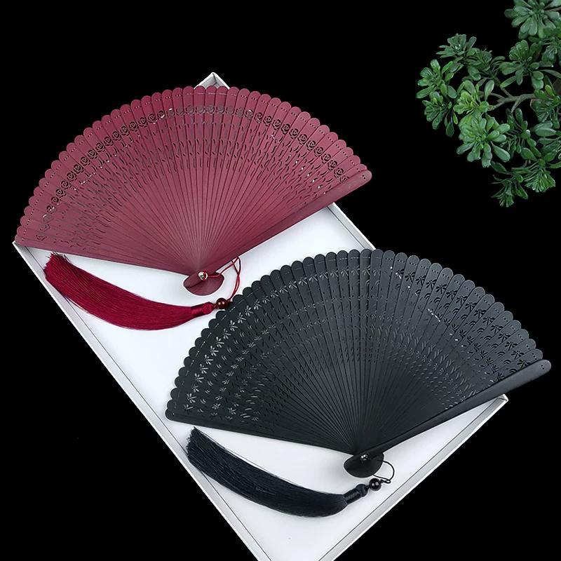 Bamboo Folding Fan Chinese Ancient Style Women's Fan Japanese Style Cherry Blossom Cut Out Folding Fan Portable Classical Black Dance Fan