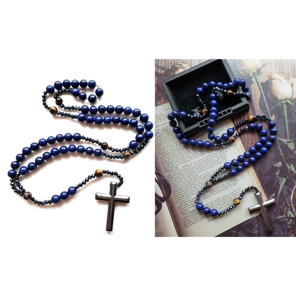 Blue Stone Beads Cross Necklace A Must Have for Jewelry Collectors and Fashion Enthusiasts Religious Necklace
