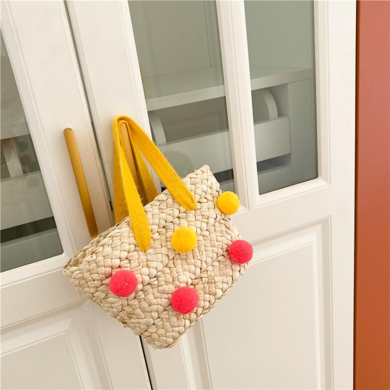 

Trendy Kids Straw Bag Charming Girls Handbag With Colorful Pom Poms For Daily Use Yellow Strap
