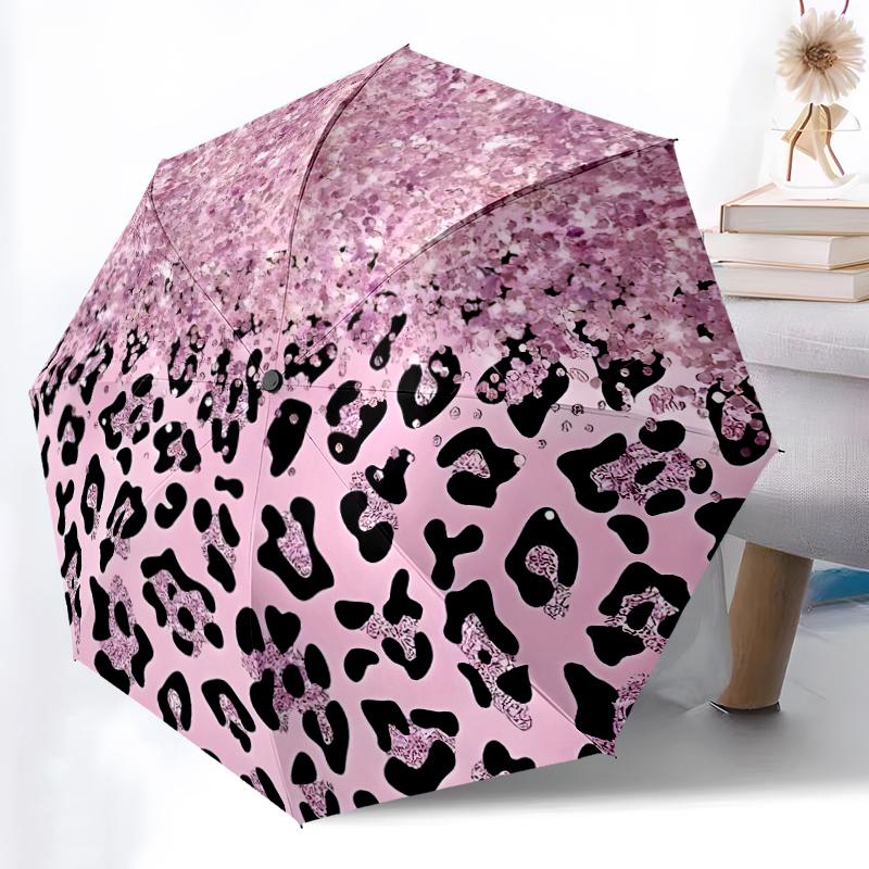 1pc Sturdy 8-Bone Auto Umbrella, Leopard Print Bow Umbrella, Digital Printed, Foldable Umbrella for On-the-Go Outdoor Use