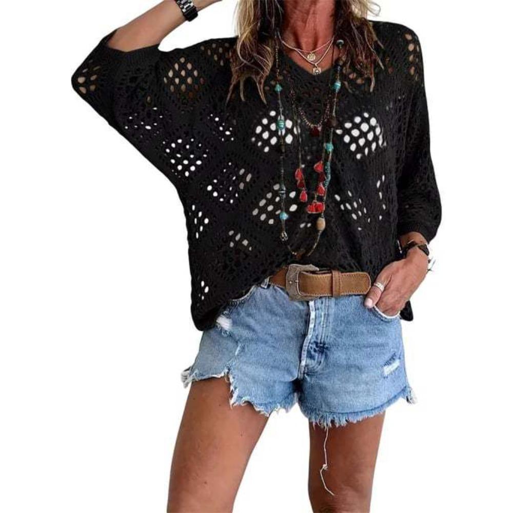 Women Spring Summer V-neck Diamond Hollow Out Batwing Sleeve Knit Sweater Loose Cover Up Blouse