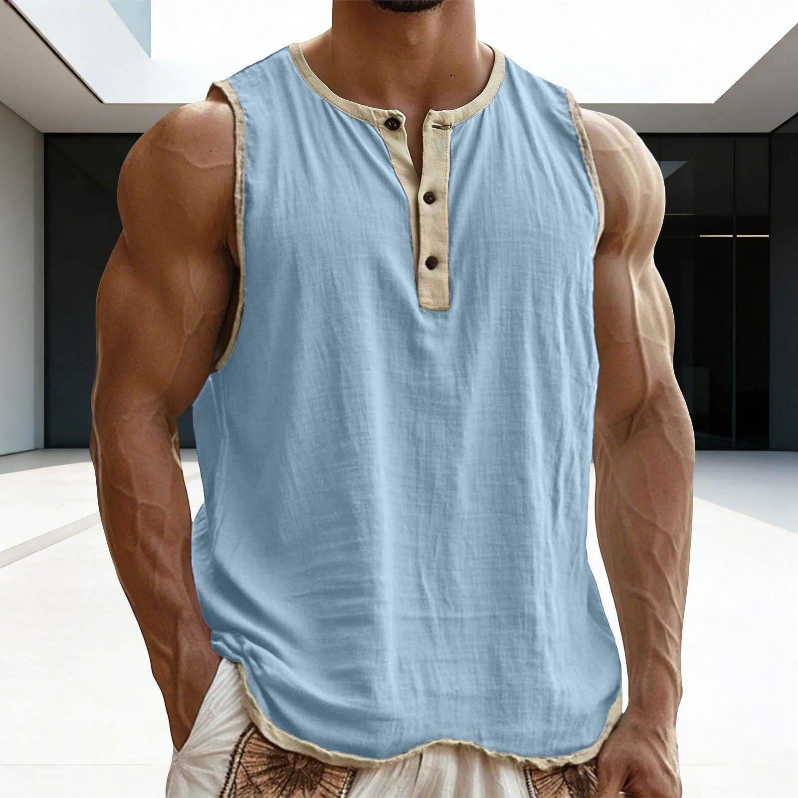 Men’s Sleeveless Henley Tank Top Casual Loose Fit Muscle Shirt Lightweight Button Front Summer Vest Top M
