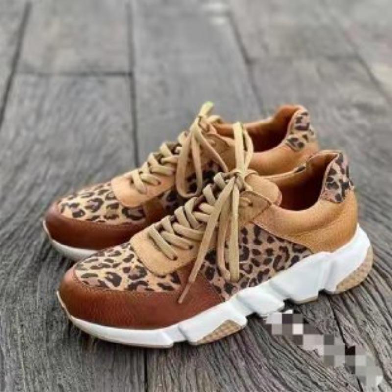 Große Schnür-Freizeitschuhe – Neue klobige Sohle, runde Spitze, Low-Top, Leopardenmuster, Sportliche Sneaker für Damen