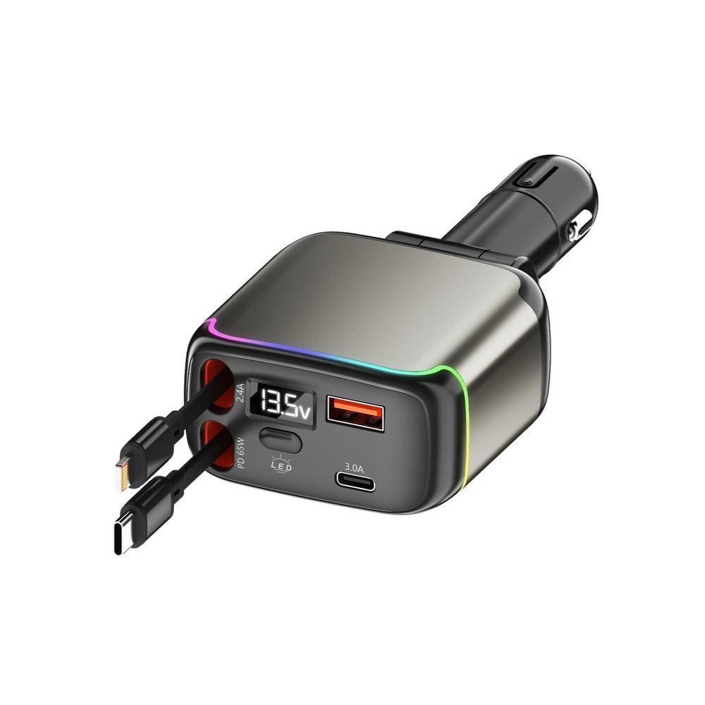 137W Retractable Car Charger for Lighter PD 65W Fast Charging Car Charger 90cm Retractable Lightning and Type-C Cables USB-A and USB-C Port Over-heat