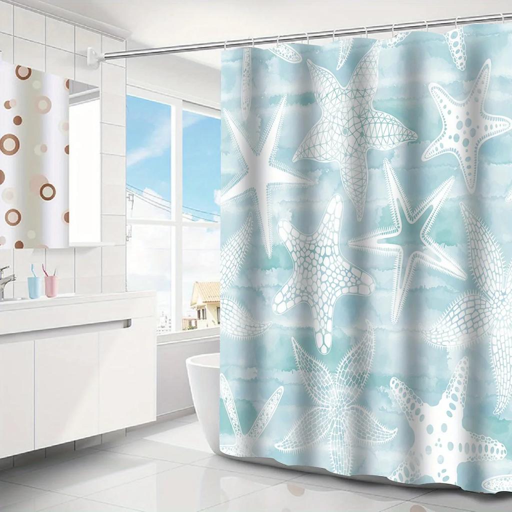 1Pc Contemporary Starfish Shower Curtain - Waterproof, 12 Hooks, Machine Washable, Modern Bath Accessory