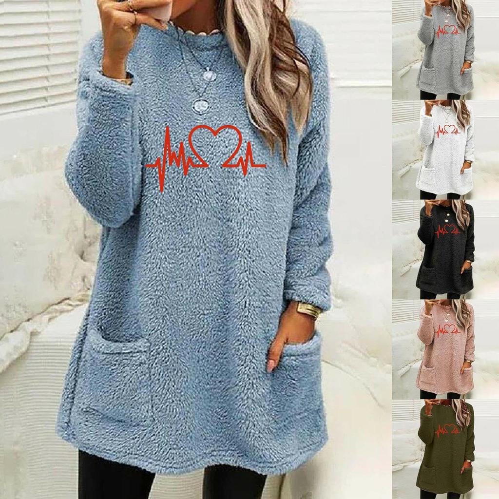 2023 Autumn/Winter Women's Loose Heart Print Double-sided Fleece Sweatshirt with Pockets