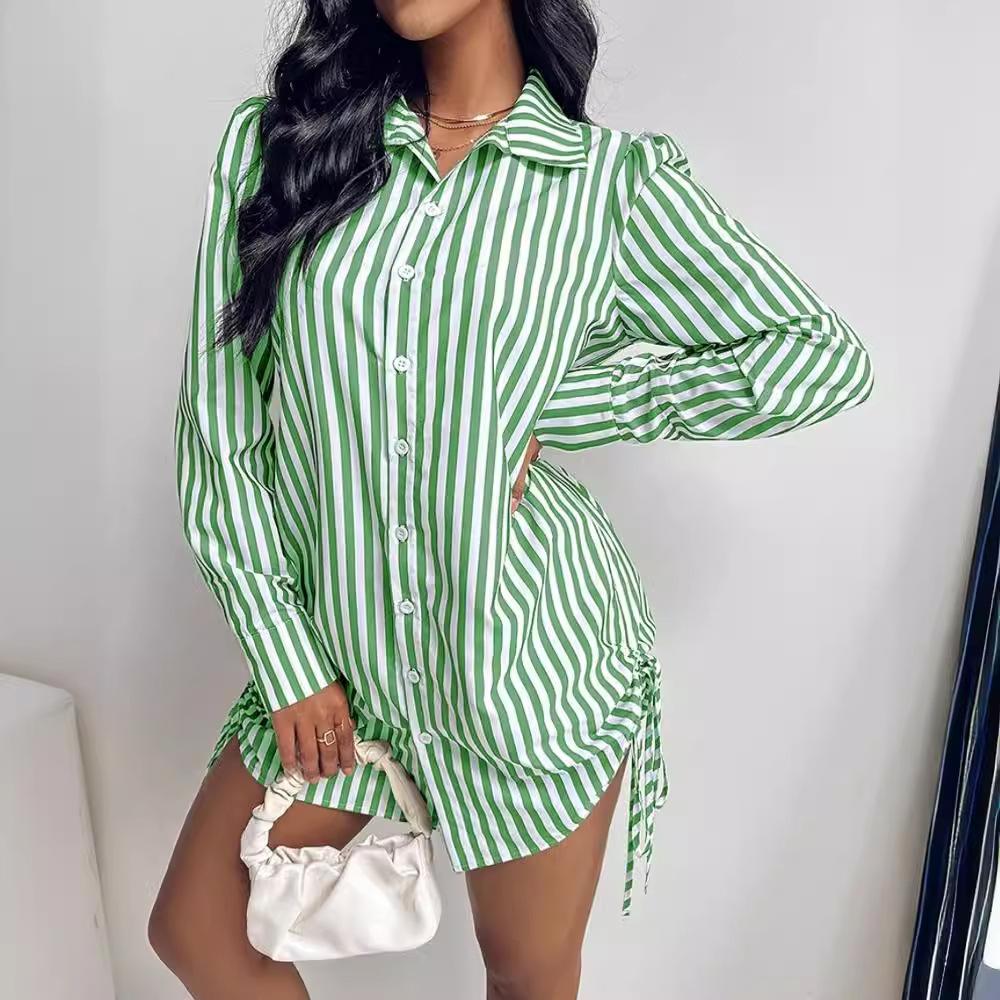 Women's Autumn Fashion Sexy Side Drawstring Shirt Dress
