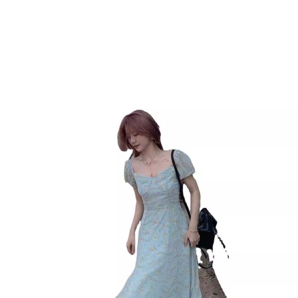 Coffee Break French Blue Bubble Sleeve Floral Dress Women's Summer New Sense First Love Sweet Split Dress Women's Clothing