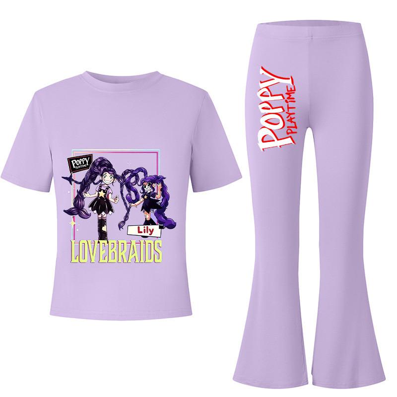2pcs Kids Girls Lily Lovebraids Printed Casual Short Sleeves T-shirt Top Flared Trumpet Trousers Top Pants Sets