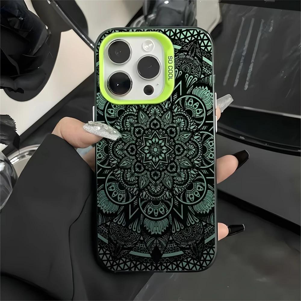 Mandala Totem Pattern Floral Case for iPhone 16 11 12 13 14 15 Pro Max XR 8 Plus Anti-Scratch Dual Layer Hard IMD Plastic Cover
