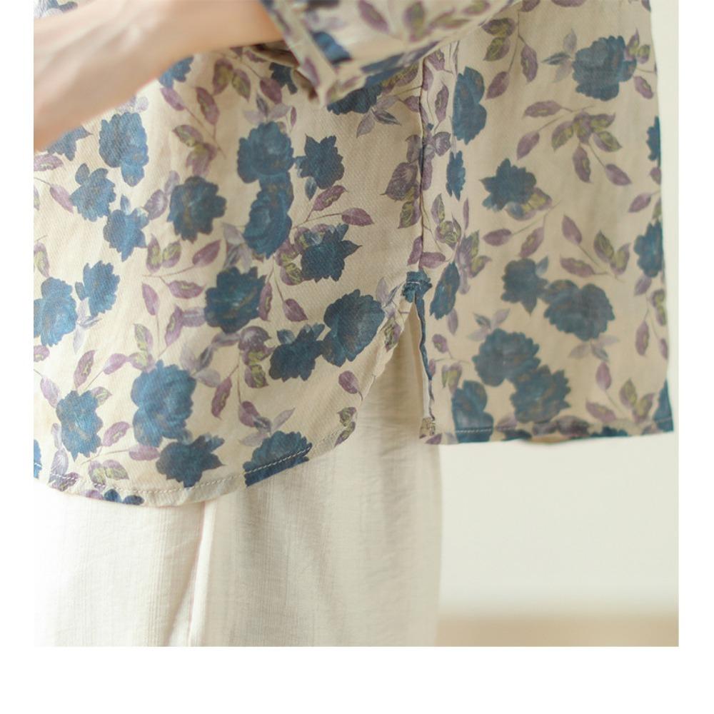 Artistic Retro Cotton and Linen Top Loose Floral Seven Quarter Sleeve Top Women's Blouses & Shirts
