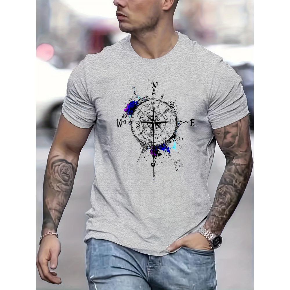 Men s Summer Fashion Compass Pattern Round Neck Short Sleeve 2XS