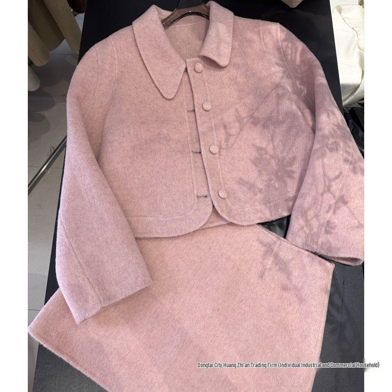 2025 Fall/Winter French Chic Pink Wool Coat & Skirt Set for Women