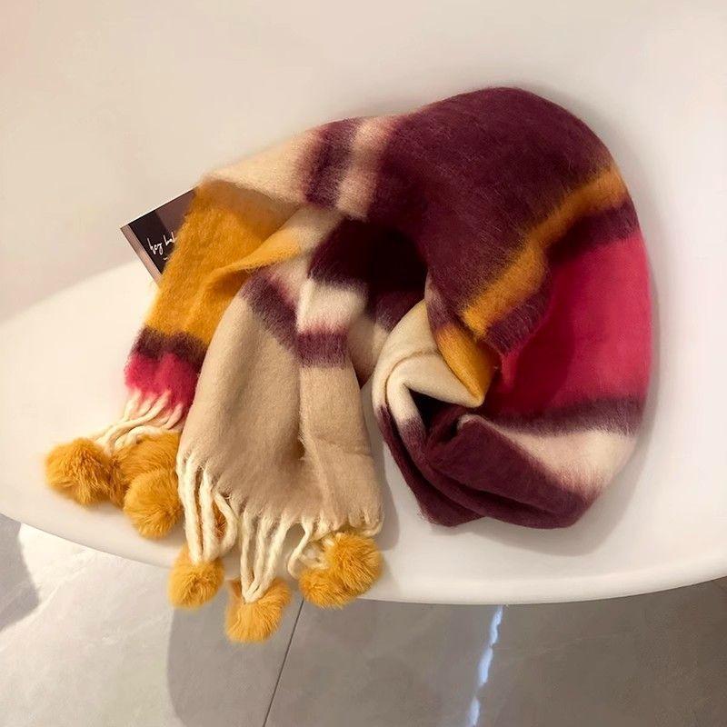 Vinter Dopamin Regnbågsrandig Tjock Varm Borstad Frans Pälsboll Scarf